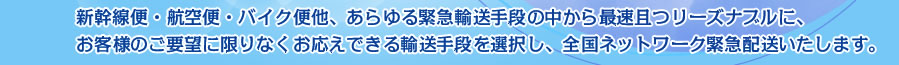 新幹線便・航空便・バイク便他、あらゆる緊急輸送手段の中から最速且つリーズナブルに、お客様のご要望に限りなくお応えできる輸送手段を選択し、全国ネットワーク緊急配送いたします。